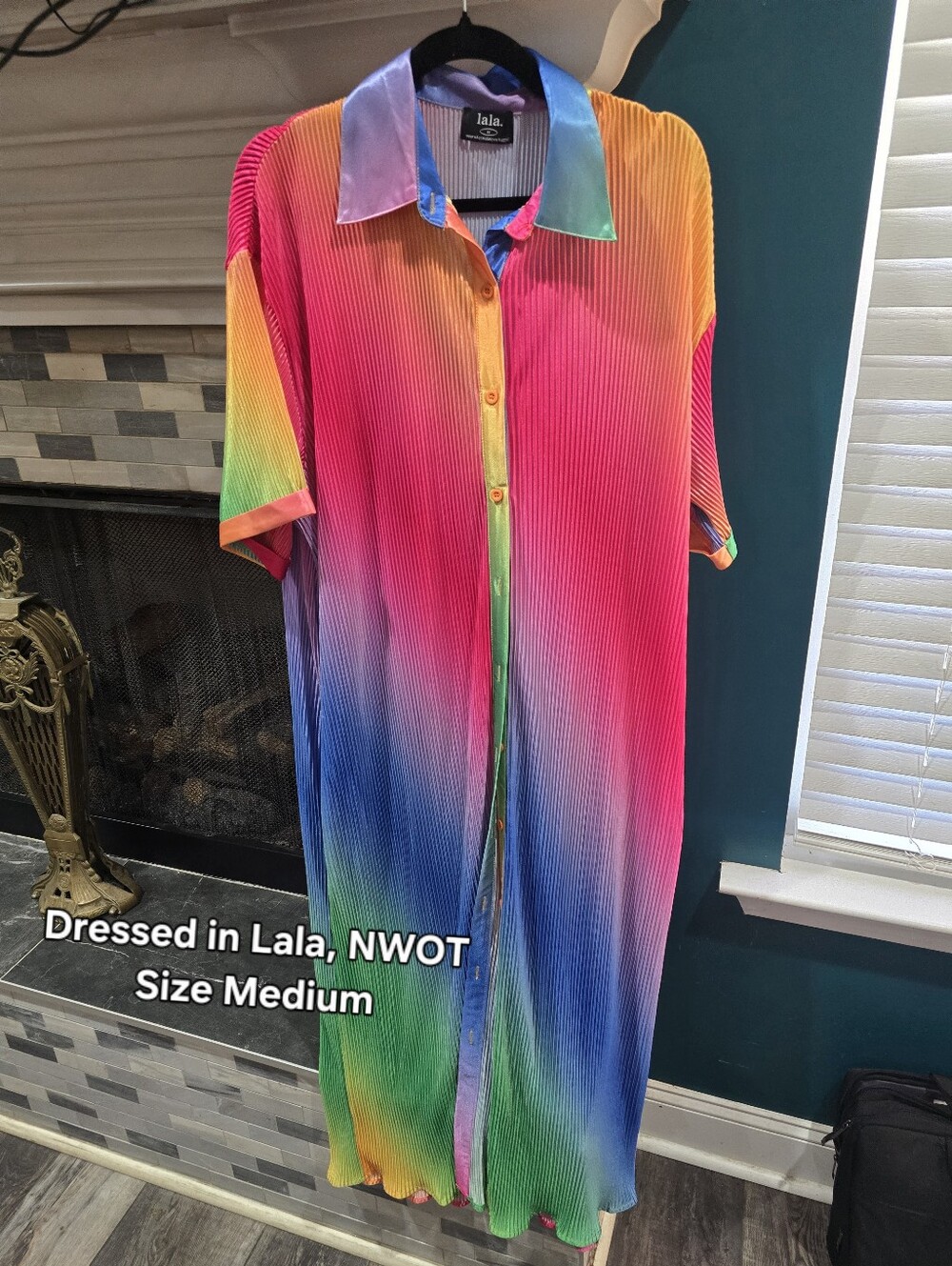 Dressed In Lala Rainbow Ombre Pleated Button-Down Dress